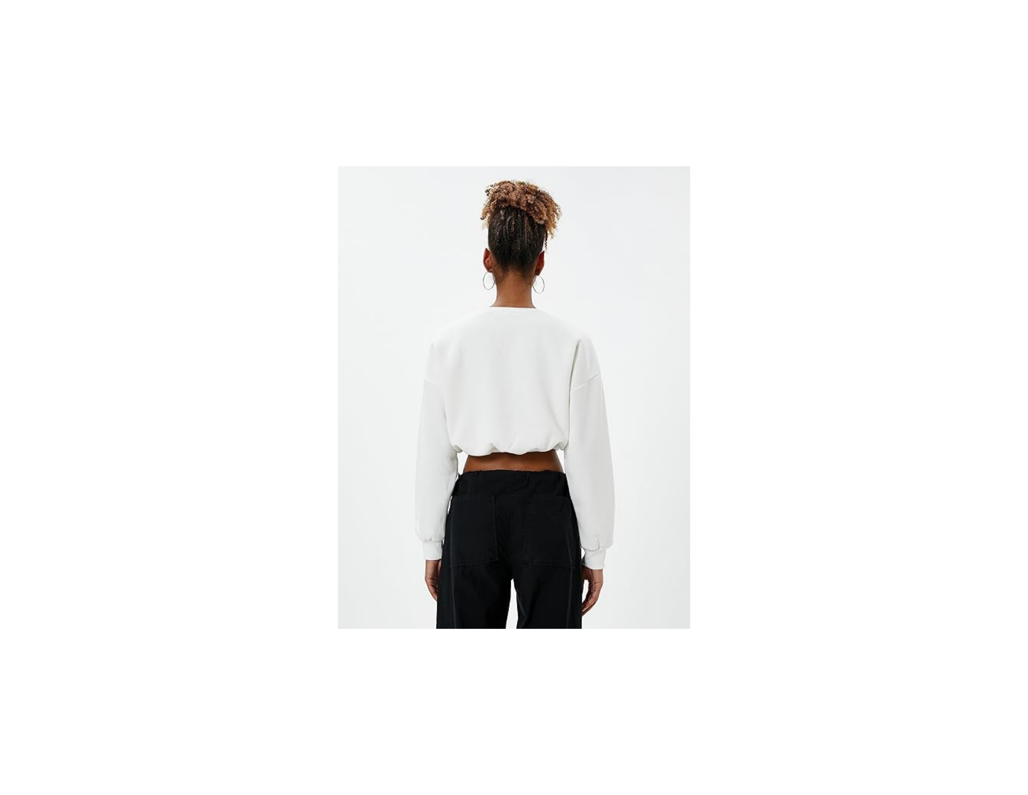 Şardonlu Crop Sweatshirt Bisiklet Yaka Beli Ribanalı Uzun Kollu