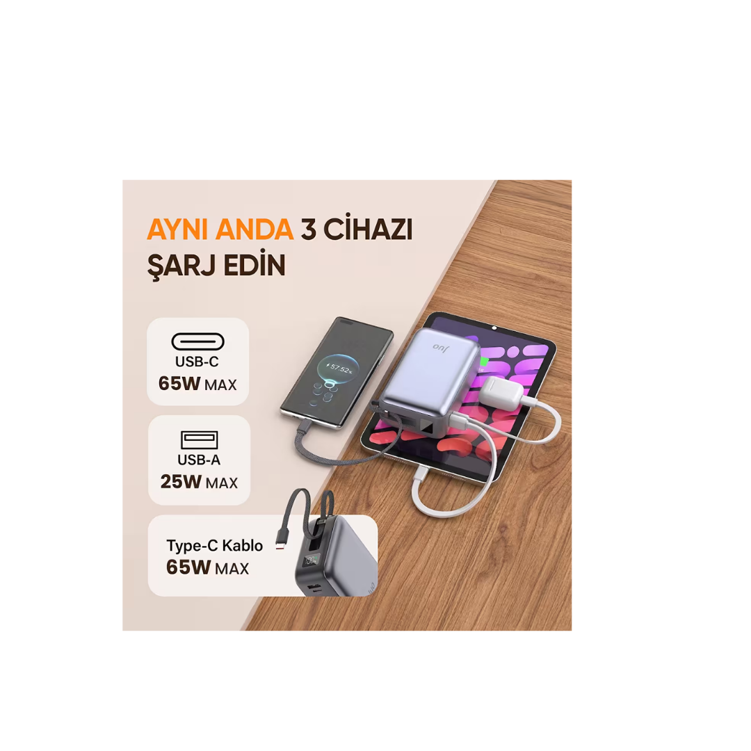 Juo 30000mAh 65W LED Ekranlı USB Dahili Kablolu Powerbank Taşınabilir PD