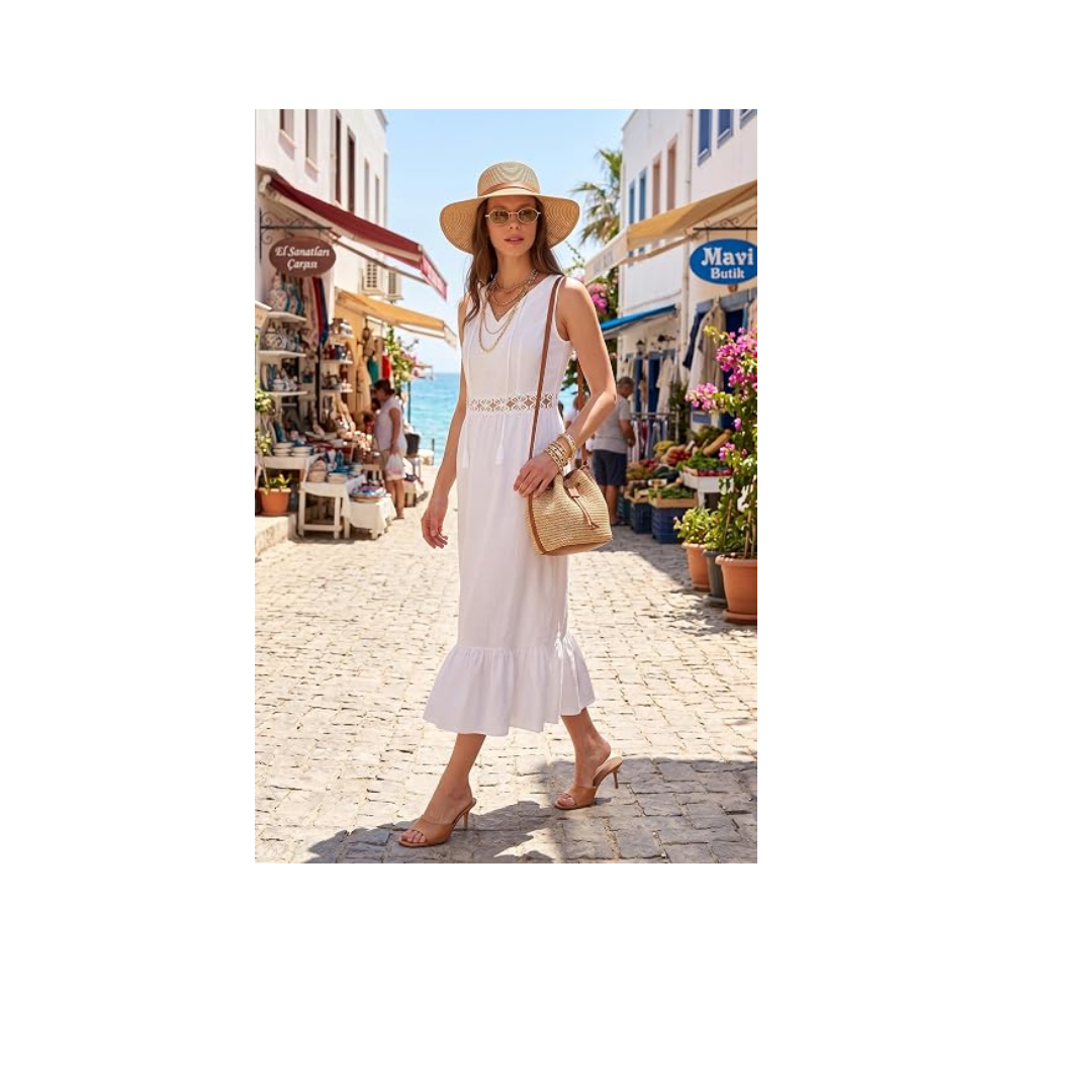 LELA Kadın Regular Fit Kolsuz Midi Elbise, Bel Detaylı Volanlı, Ekru, XL Beden