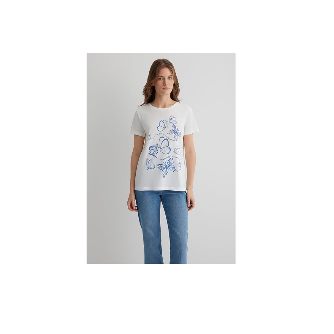 Kelebek Baskılı Beyaz Tişört Semi Slim Fit/Yarı Dar Kesim 1613455-70057