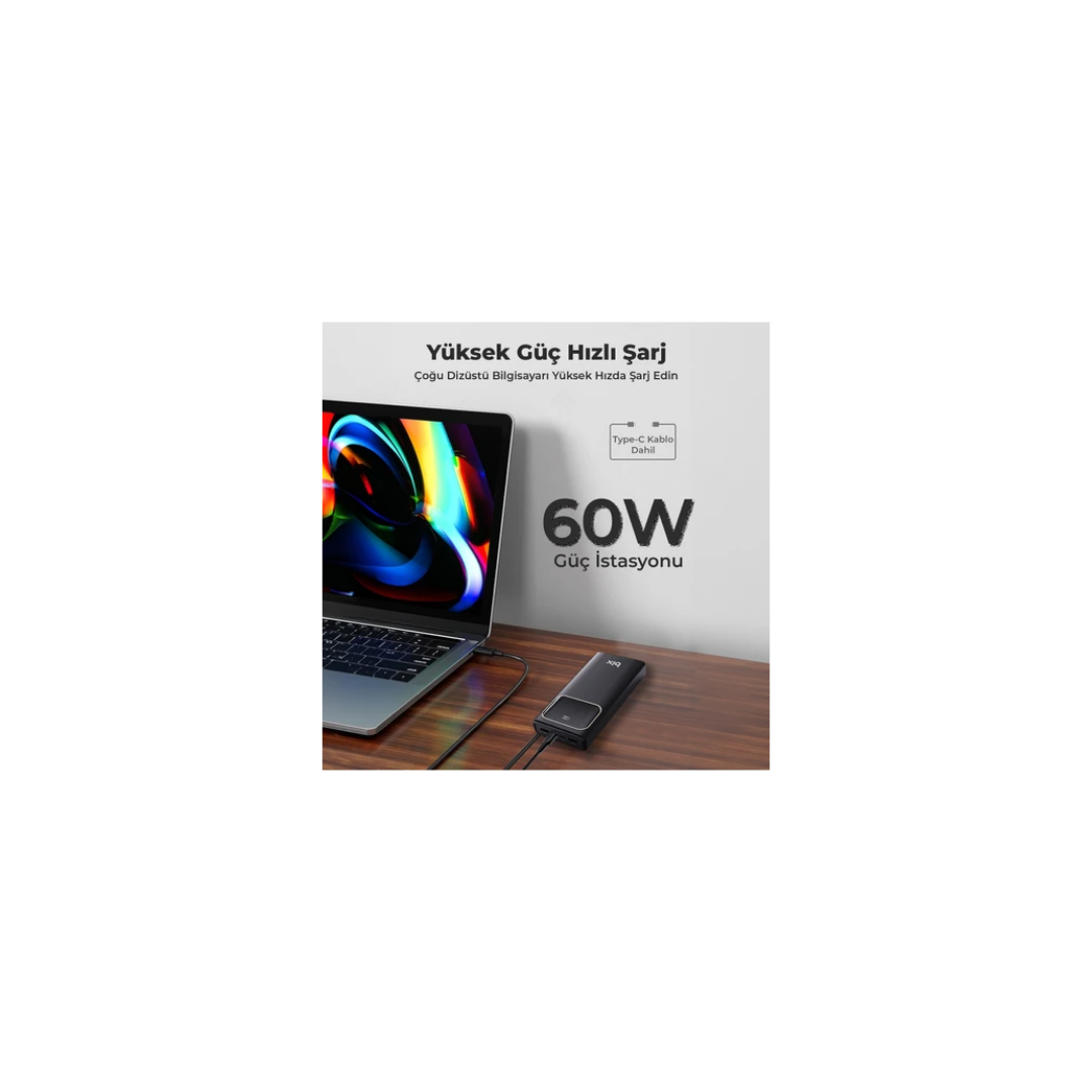 Bix PB303 30000mAh 60W 2*USB-A ve PD Çıkışlı Hızlı Şarj Cihazı LED Göstergeli Powerbank