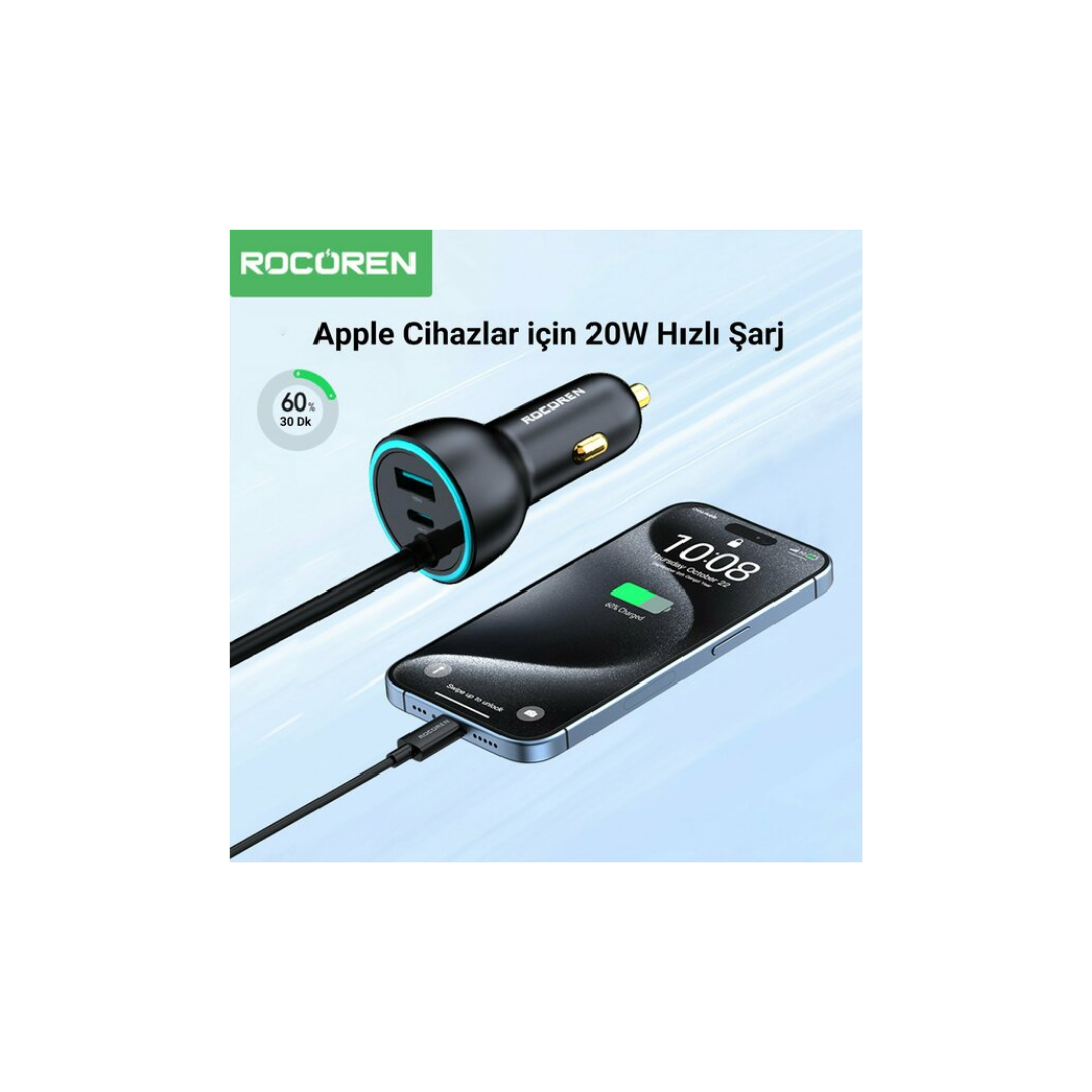 Rocoren 105W 6 Portlu Uzatma Kablolu 3*USB-A 3*Type-C Araç içi Hızlı Şarj Cihazı