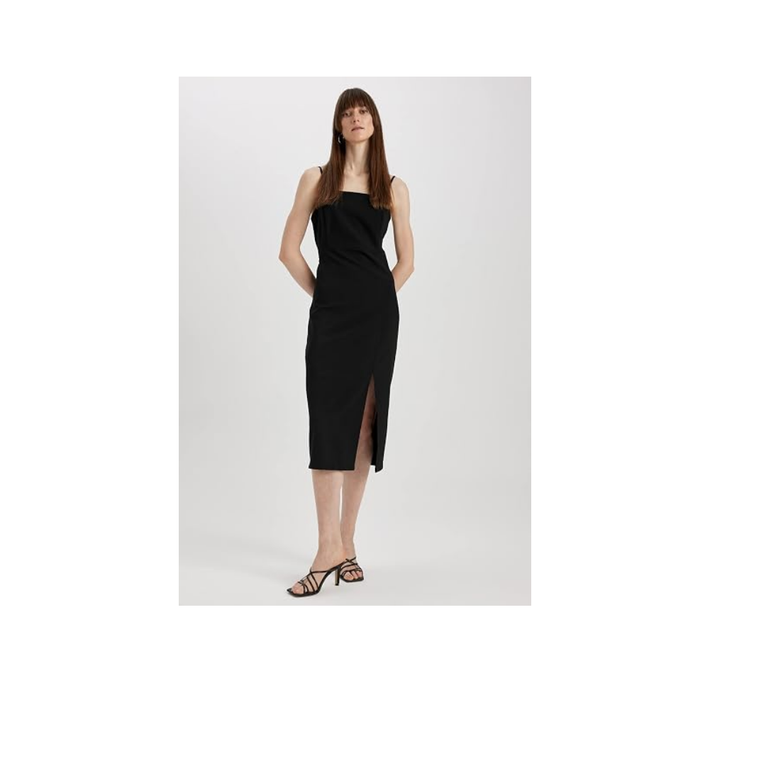 DeFacto Kadın Straight Fit Kare Yaka Askılı Yırtmaçlı Midi Elbise