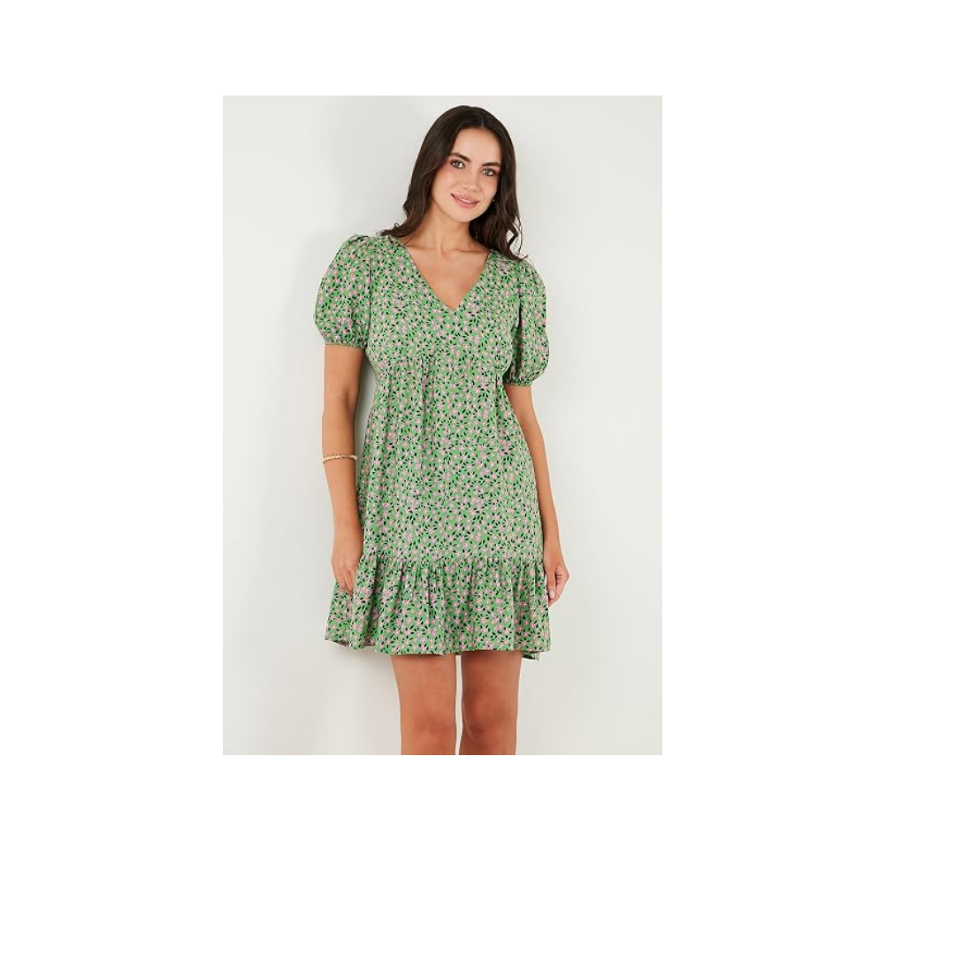 Lela Regular Fit V Yaka Balon Kol Desenli Mini Elbise Bayan ELBİSE 67810045
