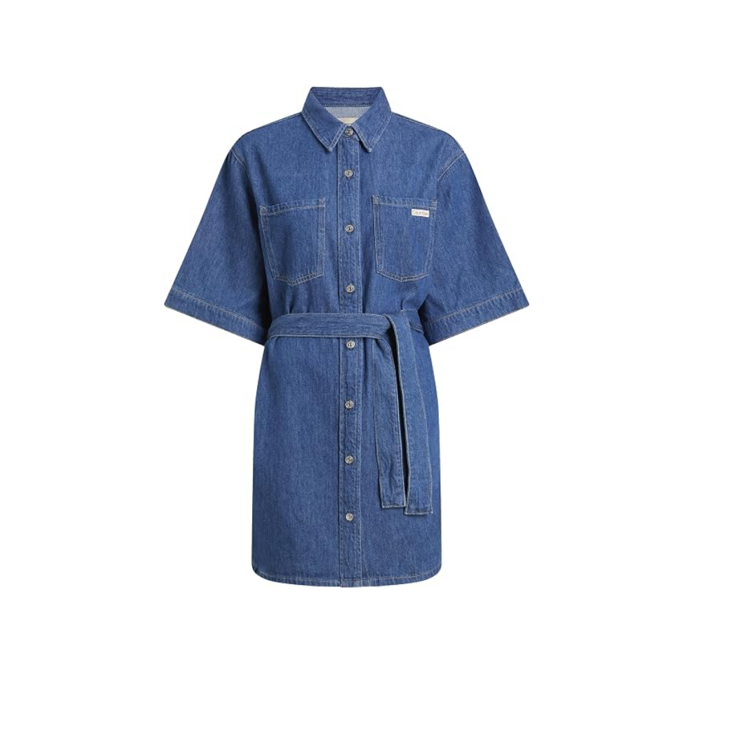 Calvin Klein LINEN BOXY BELTED SHIRT DRESS Elbise Kadın