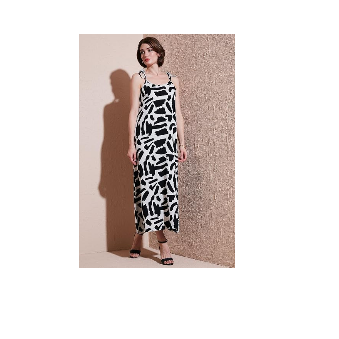 Lela Desenli Midi Boy Oversize Fit Bağlamalı İp Askılı Bisiklet Yaka Elbise Bayan ELBİSE 5869009