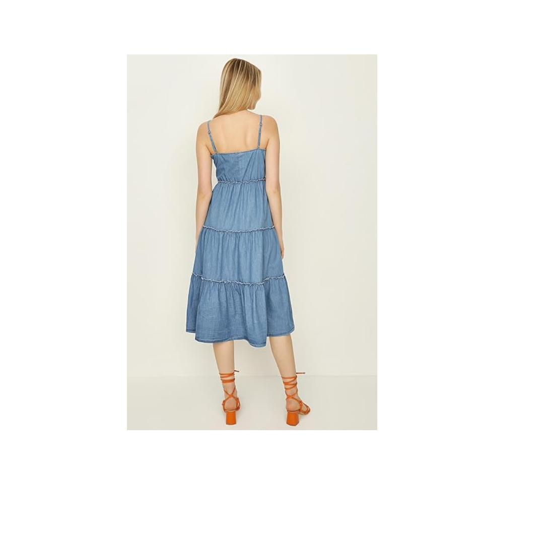 Kadın Askılı Bloklu Denim Elbise
