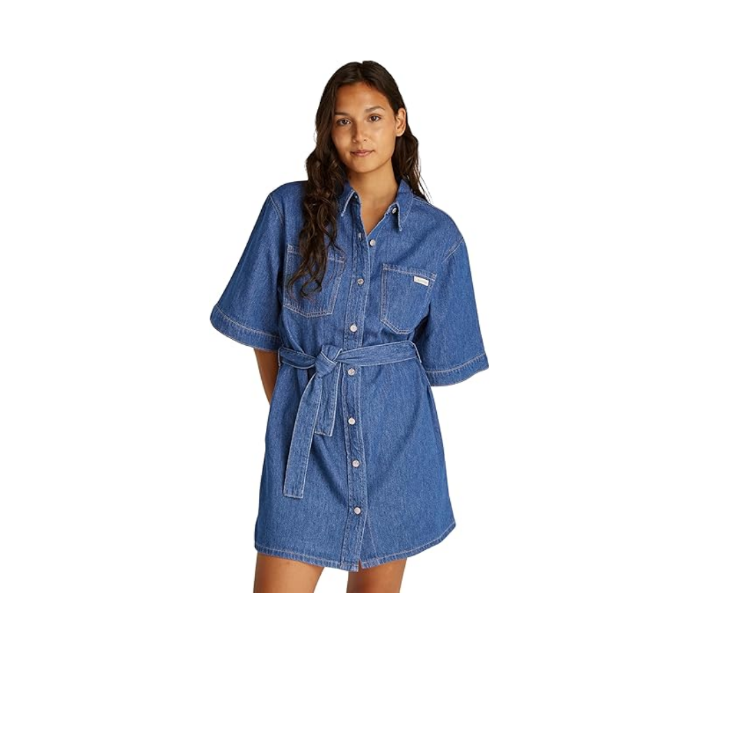Calvin Klein LINEN BOXY BELTED SHIRT DRESS Elbise Kadın
