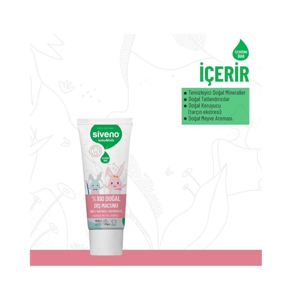 Siveno %100 Doğal Diş Macunu Bebek ve Çocuk İçin Karışık Meyve Aromalı Florürsüz 50 ml