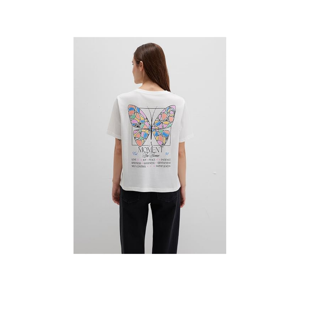 Kelebek Baskılı Beyaz Tişört Regular Fit/Normal Kesim 1613462-70057