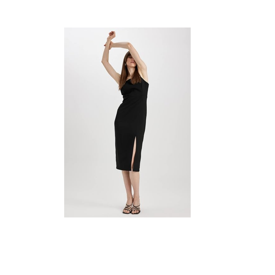 DeFacto Kadın Straight Fit Kare Yaka Askılı Yırtmaçlı Midi Elbise