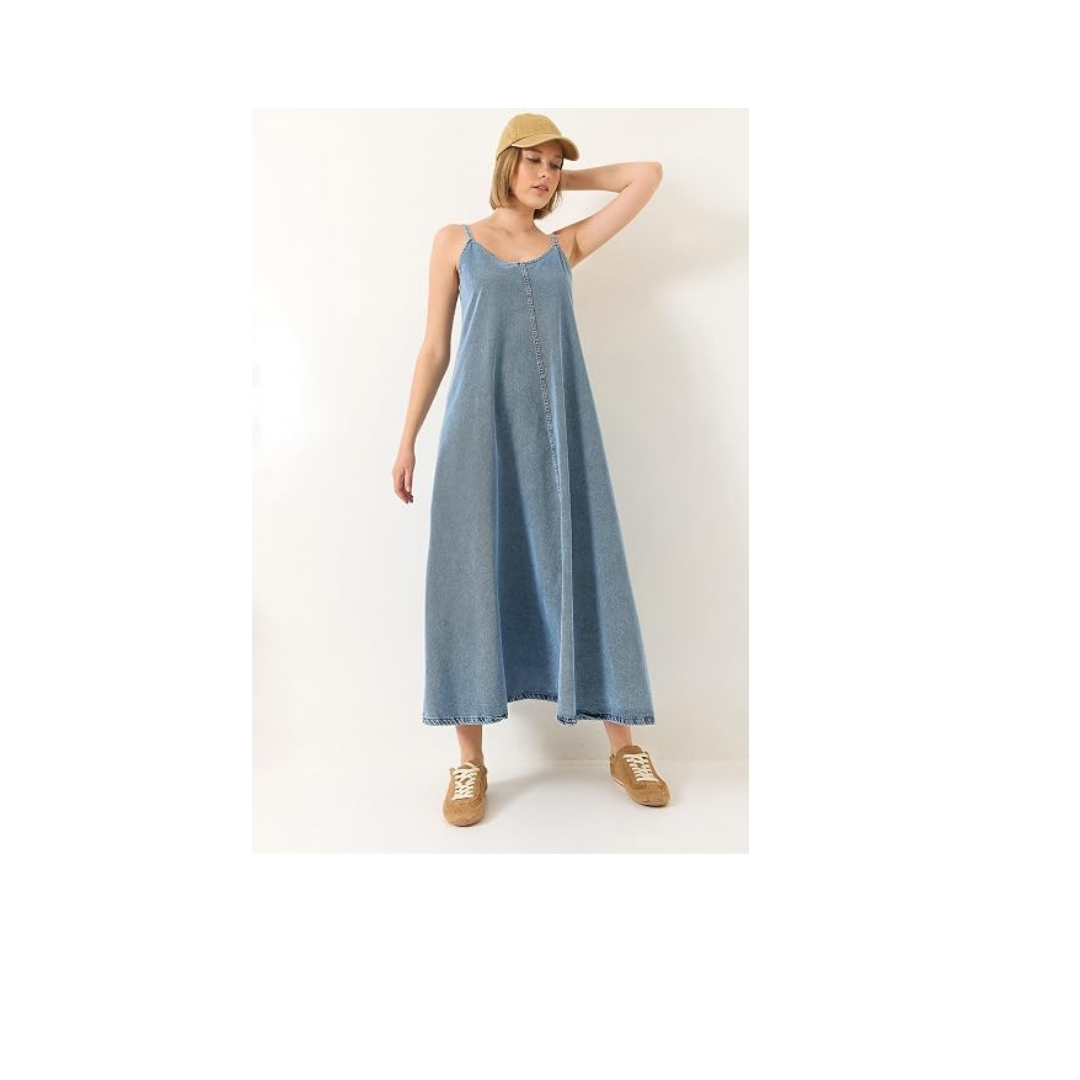 Shade İnce Askılı Uzun Denim Elbise, 60281039