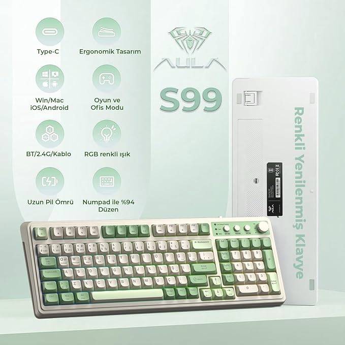 Aula S99 Retro Yeşil Renk RGB Gaming 3 Modlu Bluetooth/2.4GHz/USB-C Kablosuz Makrolu Türkçe Q Klavye