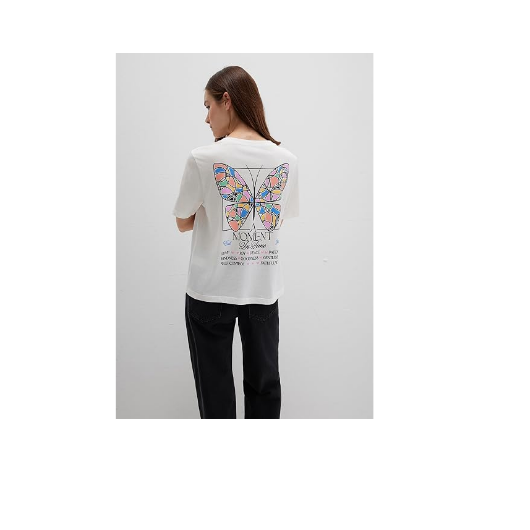 Kelebek Baskılı Beyaz Tişört Regular Fit/Normal Kesim 1613462-70057