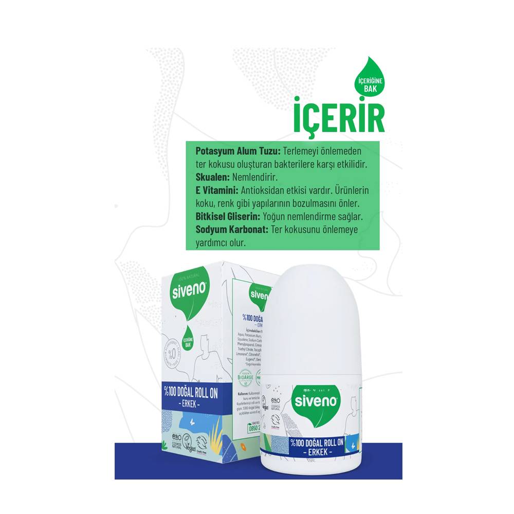 Siveno %100 Doğal Roll-On Erkek Deodorant Bitkisel Leke Bırakmayan Vegan 50 ml