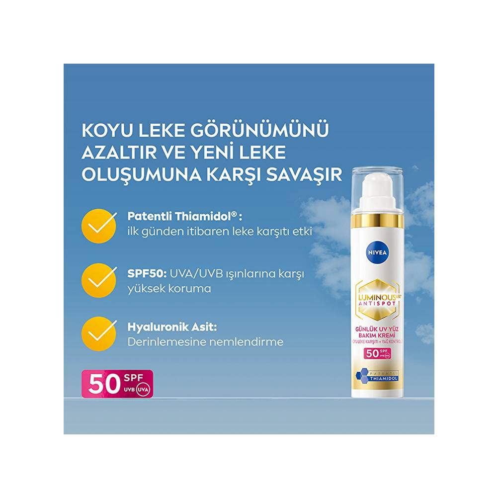 Nivea Luminous630 Thiamidol Etkili Leke Karşıtı Gündüz Yüz Kremi 40ml, SPF50 UV Koruma