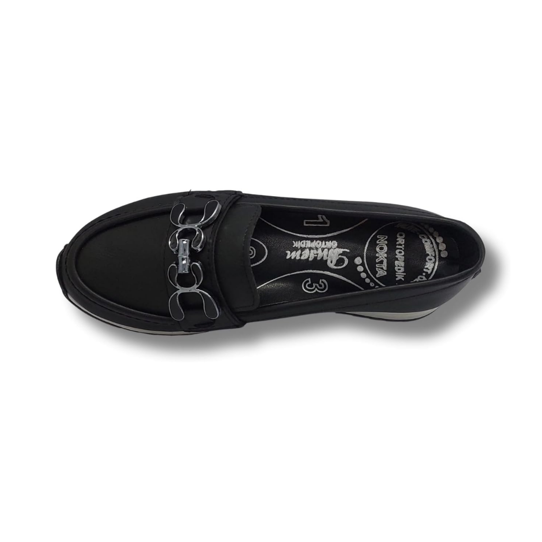 Kadın Siyah Taşlı Tokalı Comfort Loafer Ayakkabı