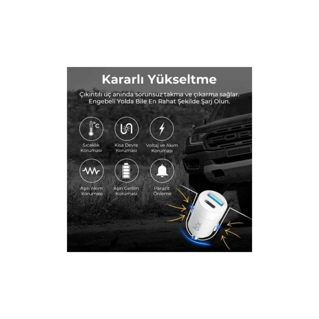Bix 65W Type-C PD 3.0 ve USB-A Çift Portlu Araç içi Hızlı Şarj Cihazı Beyaz