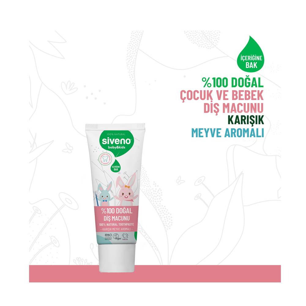Siveno %100 Doğal Diş Macunu Bebek ve Çocuk İçin Karışık Meyve Aromalı Florürsüz 50 ml