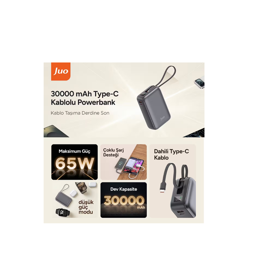 Juo 30000mAh 65W LED Ekranlı USB Dahili Kablolu Powerbank Taşınabilir PD