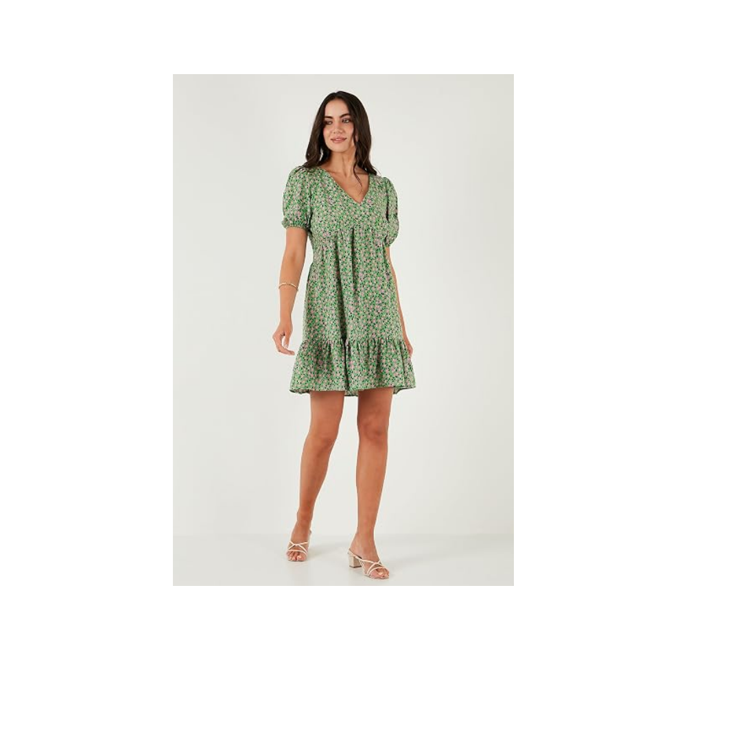 Lela Regular Fit V Yaka Balon Kol Desenli Mini Elbise Bayan ELBİSE 67810045