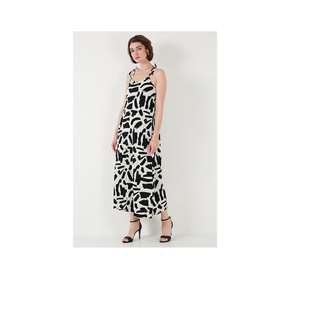 Lela Desenli Midi Boy Oversize Fit Bağlamalı İp Askılı Bisiklet Yaka Elbise Bayan ELBİSE 5869009