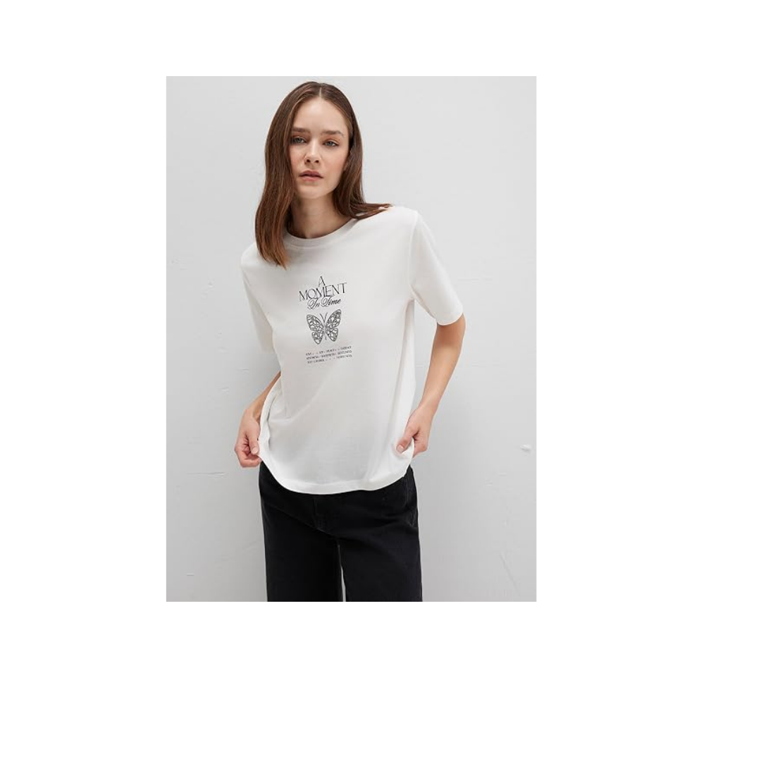 Kelebek Baskılı Beyaz Tişört Regular Fit/Normal Kesim 1613462-70057