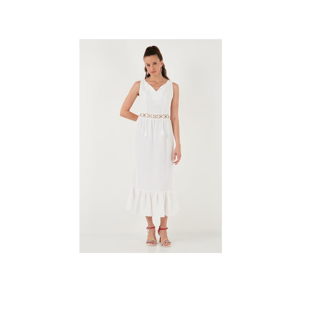 LELA Kadın Regular Fit Kolsuz Midi Elbise, Bel Detaylı Volanlı, Ekru, XL Beden