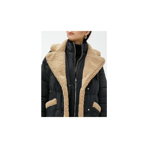 Koton Uzun Şişme Mont Kemerli Peluş Detaylı Siyah