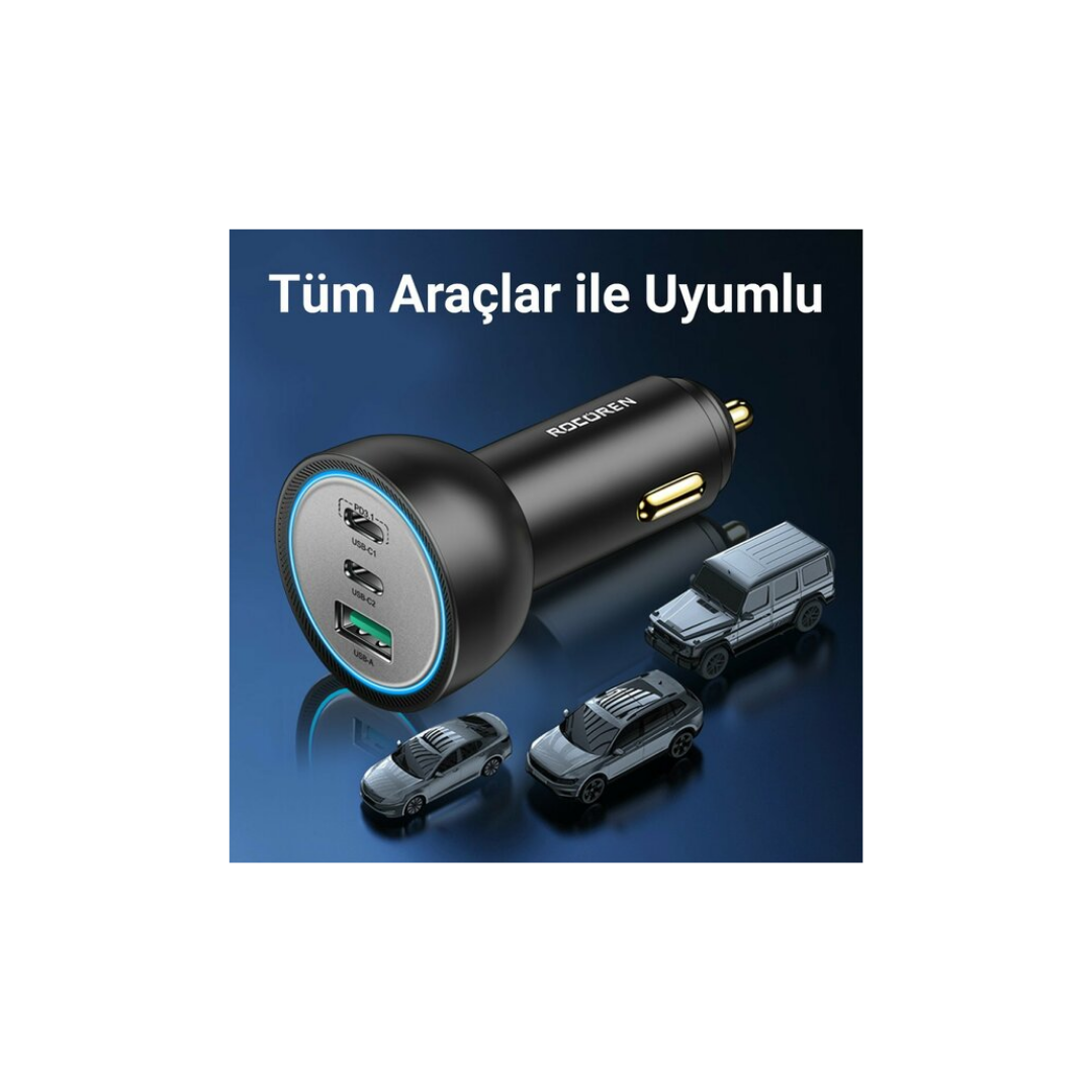 Rocoren 165W 3 Portlu PD3.1 2*Type-C ve USB-A Araç içi Hızlı Şarj Cihazı  1 Metre 240W Kablo