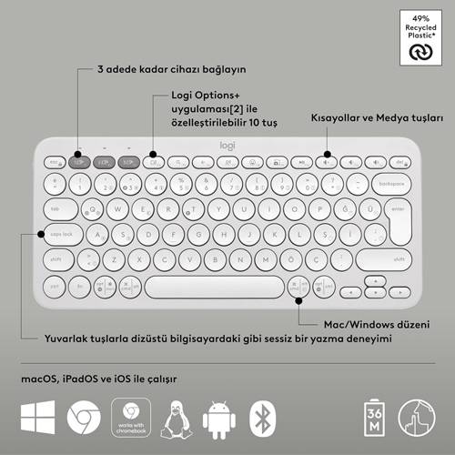 Logitech Pebble Keys 2 K380S Türkçe Q Kablosuz Klavye