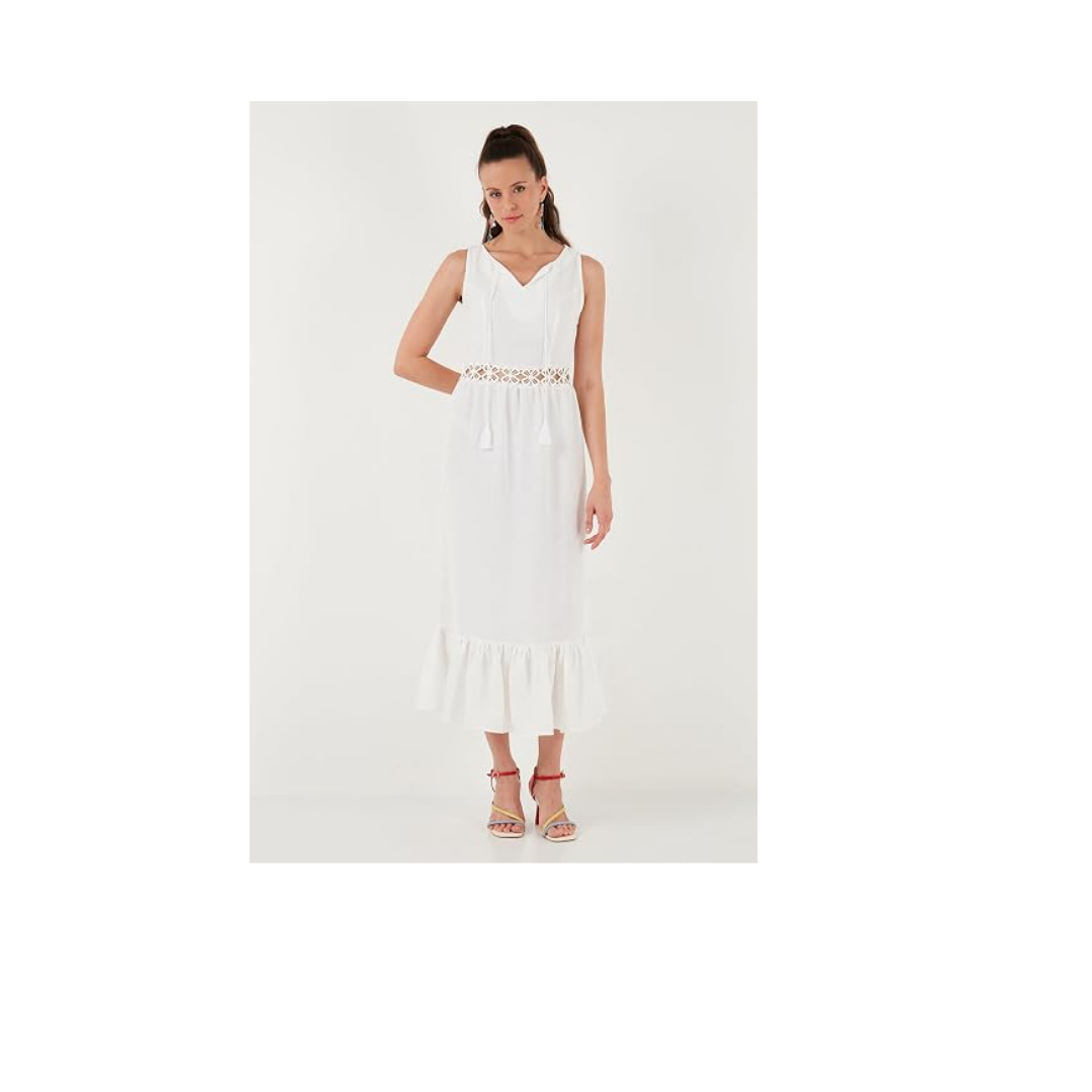 LELA Kadın Regular Fit Kolsuz Midi Elbise, Bel Detaylı Volanlı, Ekru, XL Beden