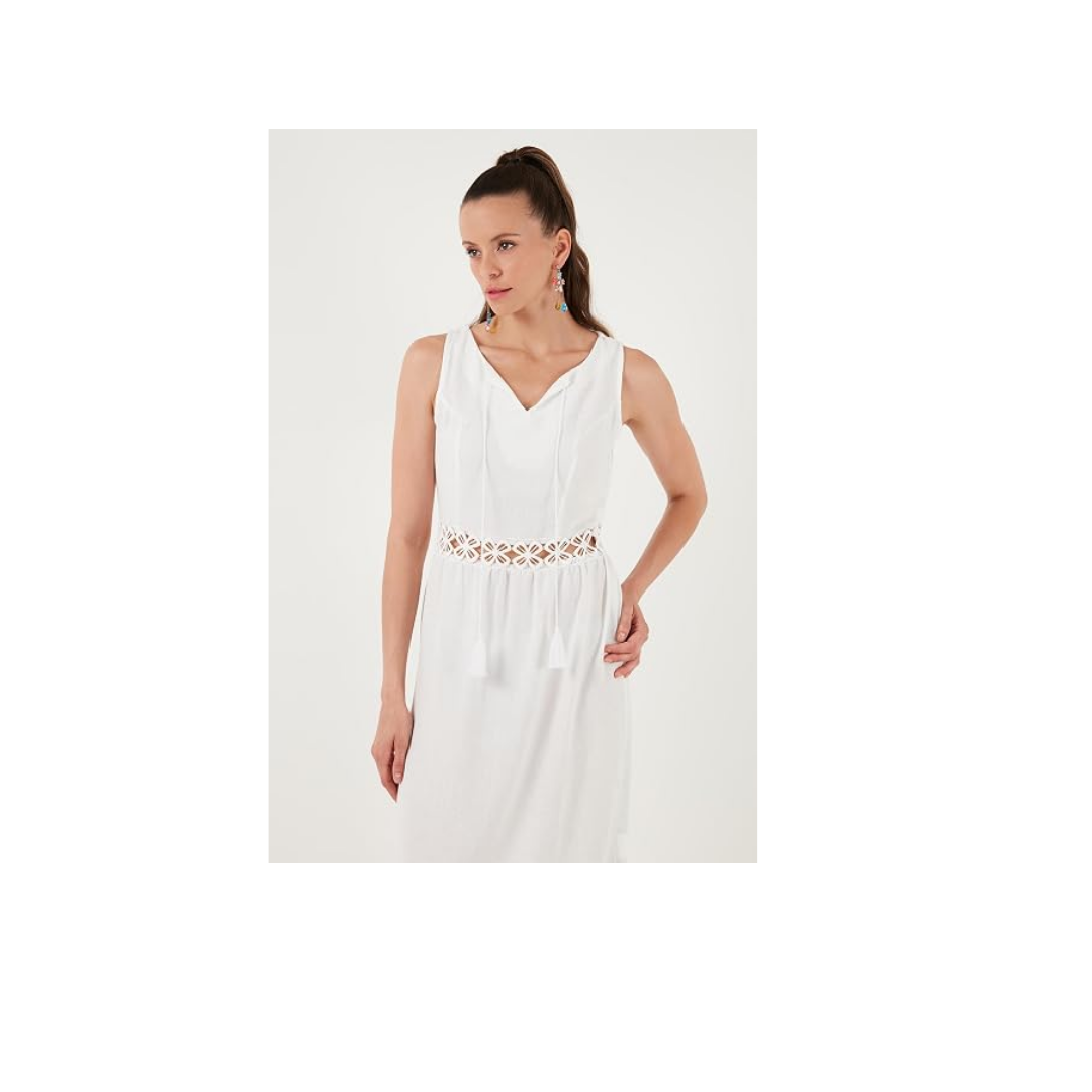 LELA Kadın Regular Fit Kolsuz Midi Elbise, Bel Detaylı Volanlı, Ekru, XL Beden