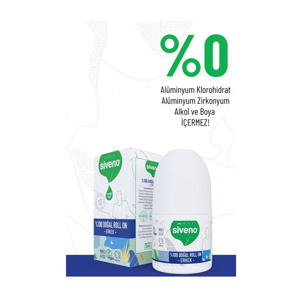 Siveno %100 Doğal Roll-On Erkek Deodorant Bitkisel Leke Bırakmayan Vegan 50 ml