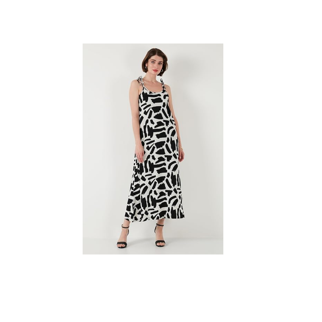 Lela Desenli Midi Boy Oversize Fit Bağlamalı İp Askılı Bisiklet Yaka Elbise Bayan ELBİSE 5869009
