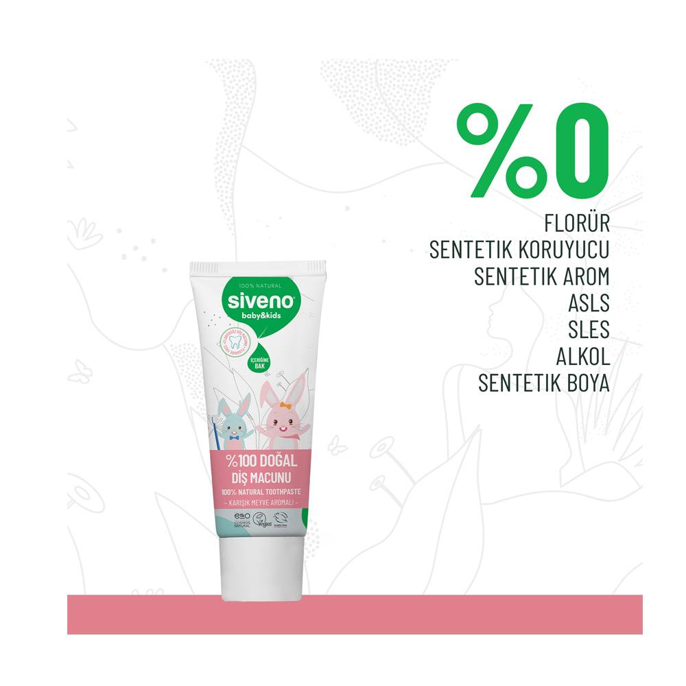 Siveno %100 Doğal Diş Macunu Bebek ve Çocuk İçin Karışık Meyve Aromalı Florürsüz 50 ml