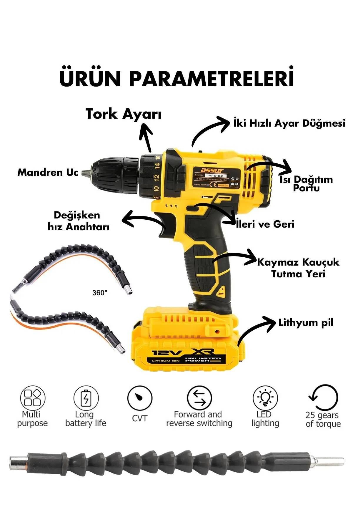 ASSUR 12v 1.5ah Metal Şanzıman Çift Akülü Bakır Sargı 24 Parça Şarjlı Matkap Akülü Vidalama