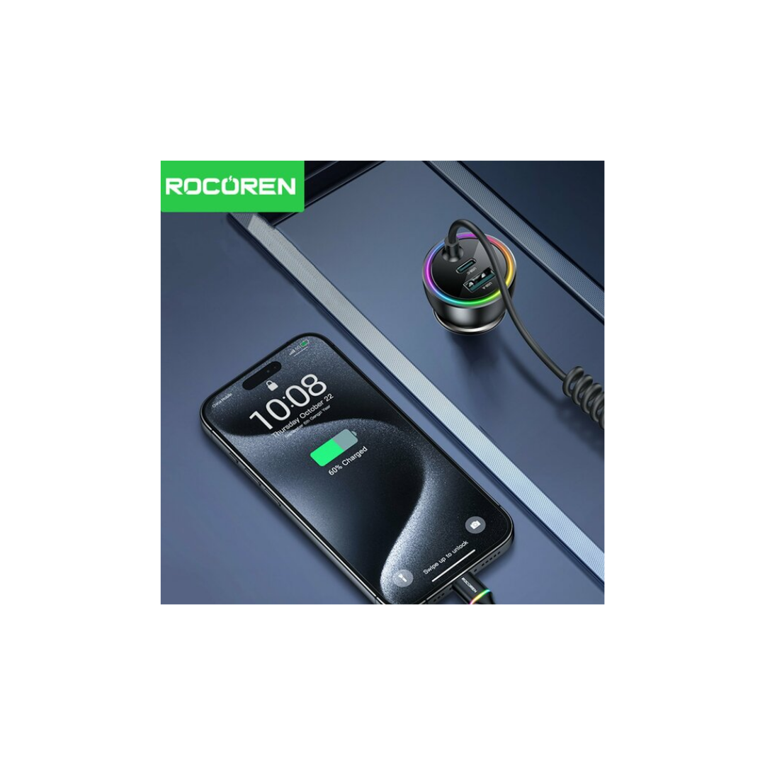 Rocoren 70W 3 Portlu 2*Type-C 1*USB-A Spiral Kablolu LED Işıklı Araç İçi Hızlı Şarj Cihazı