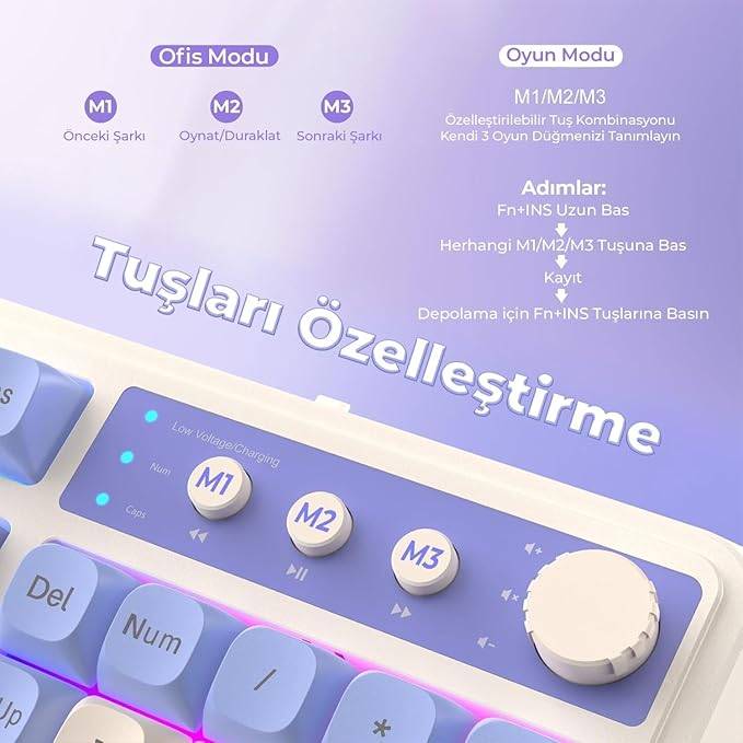 Aula S99 Retro Yeşil Renk RGB Gaming 3 Modlu Bluetooth/2.4GHz/USB-C Kablosuz Makrolu Türkçe Q Klavye