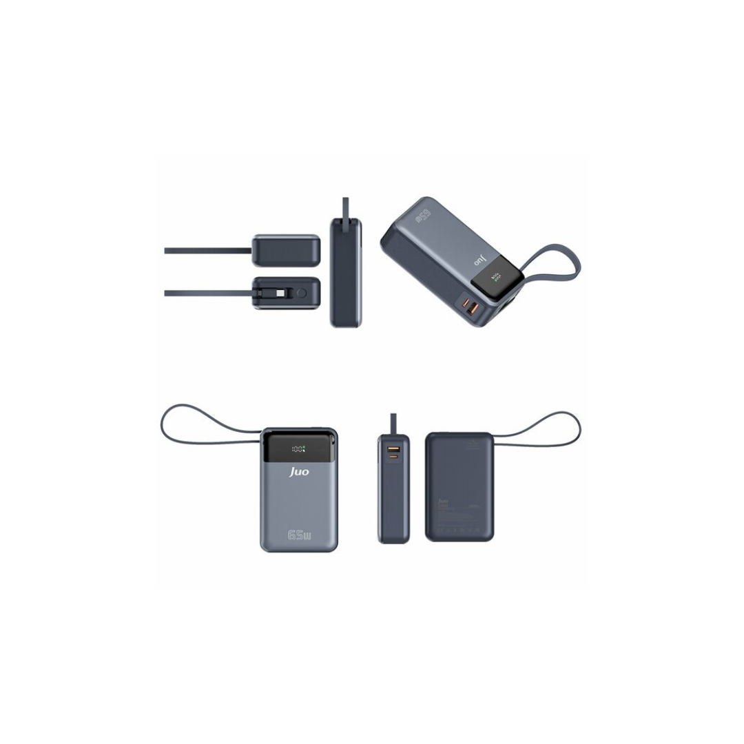 Juo 20000mAh 65W LED Ekranlı USB Type-C Kablolu Taşınabilir Hızlı Şarj Cihazı Powerbank