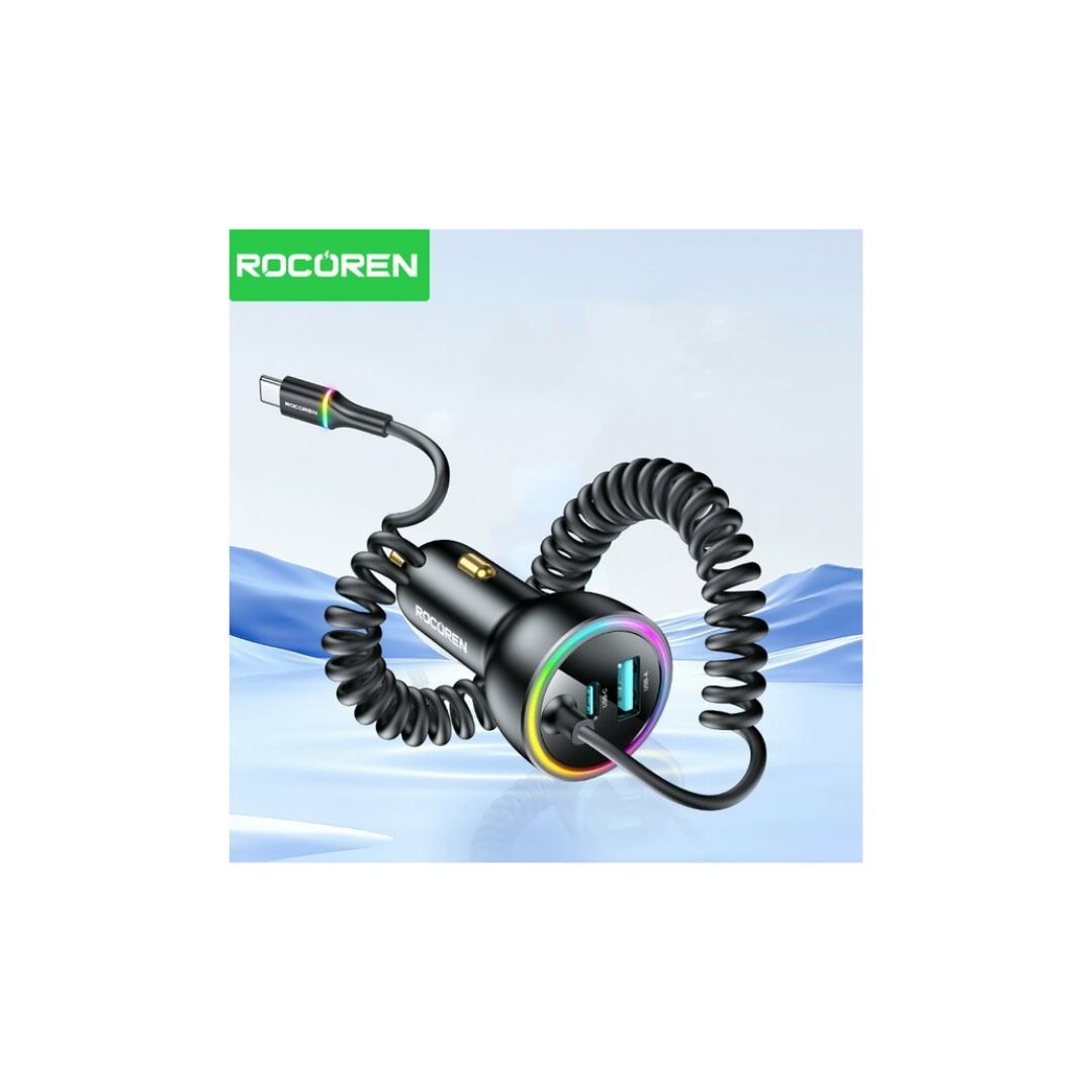 Rocoren 70W 3 Portlu 2*Type-C 1*USB-A Spiral Kablolu LED Işıklı Araç İçi Hızlı Şarj Cihazı
