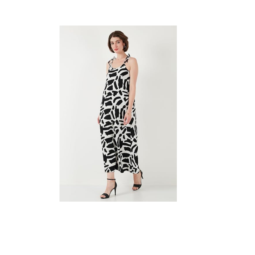 Lela Desenli Midi Boy Oversize Fit Bağlamalı İp Askılı Bisiklet Yaka Elbise Bayan ELBİSE 5869009