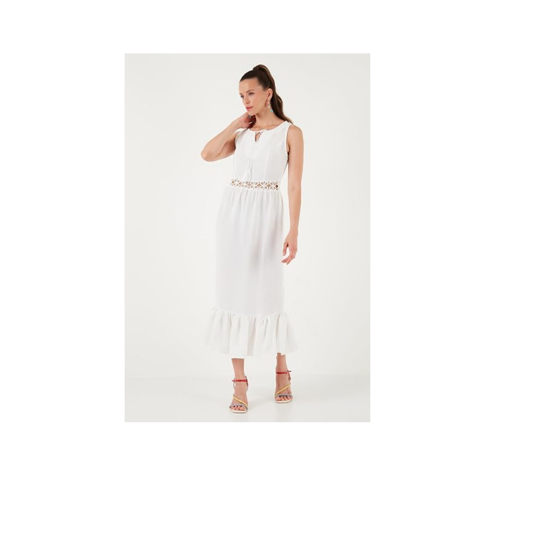 LELA Kadın Regular Fit Kolsuz Midi Elbise, Bel Detaylı Volanlı, Ekru, XL Beden