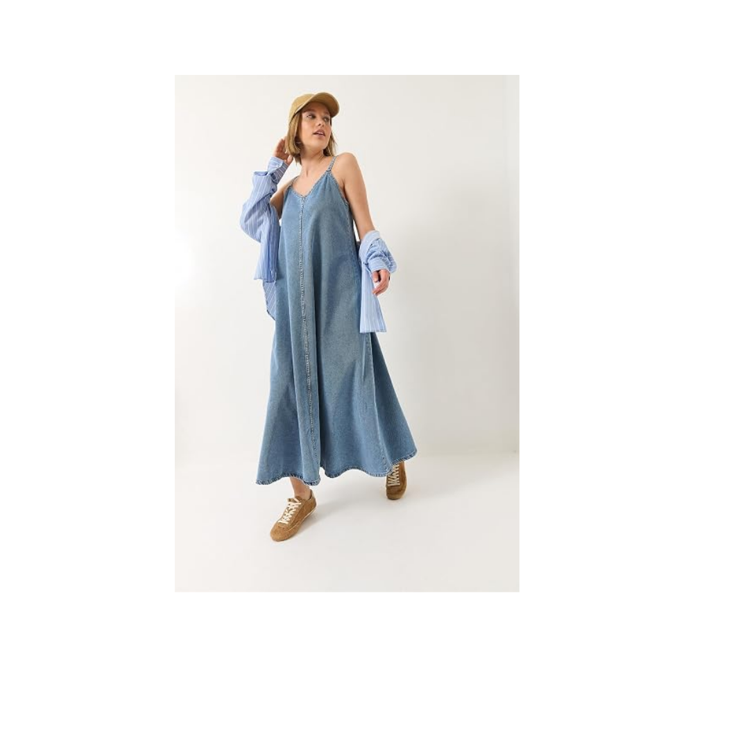 Shade İnce Askılı Uzun Denim Elbise, 60281039