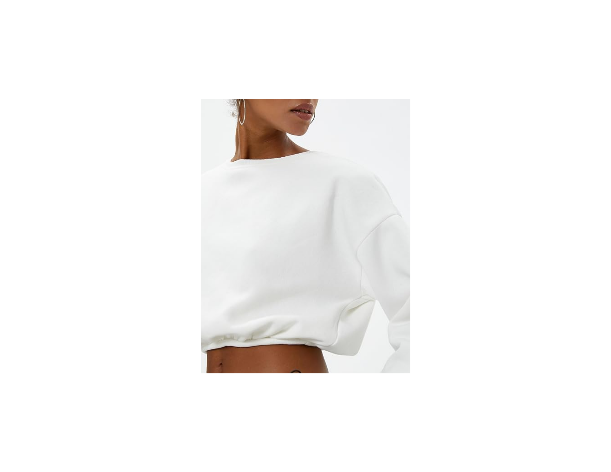Şardonlu Crop Sweatshirt Bisiklet Yaka Beli Ribanalı Uzun Kollu