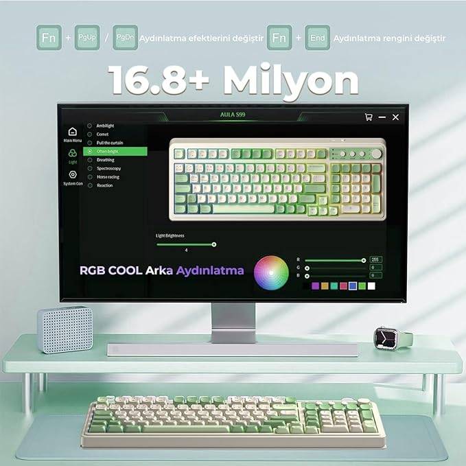 Aula S99 Retro Yeşil Renk RGB Gaming 3 Modlu Bluetooth/2.4GHz/USB-C Kablosuz Makrolu Türkçe Q Klavye