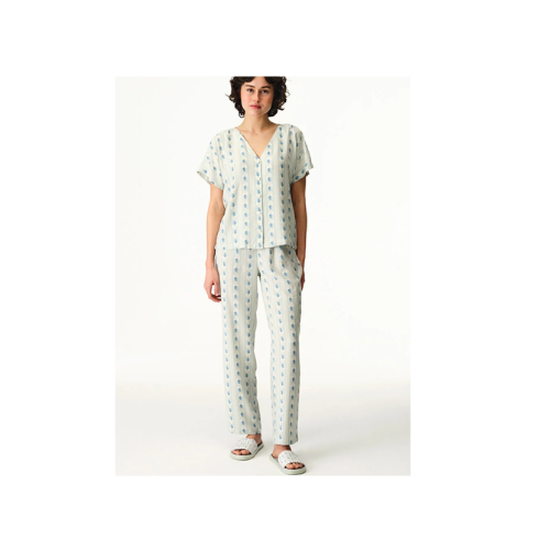 Açık Yeşil Serenity Düğmeli Çizgili Gömlek Pantolon Pijama Takımı