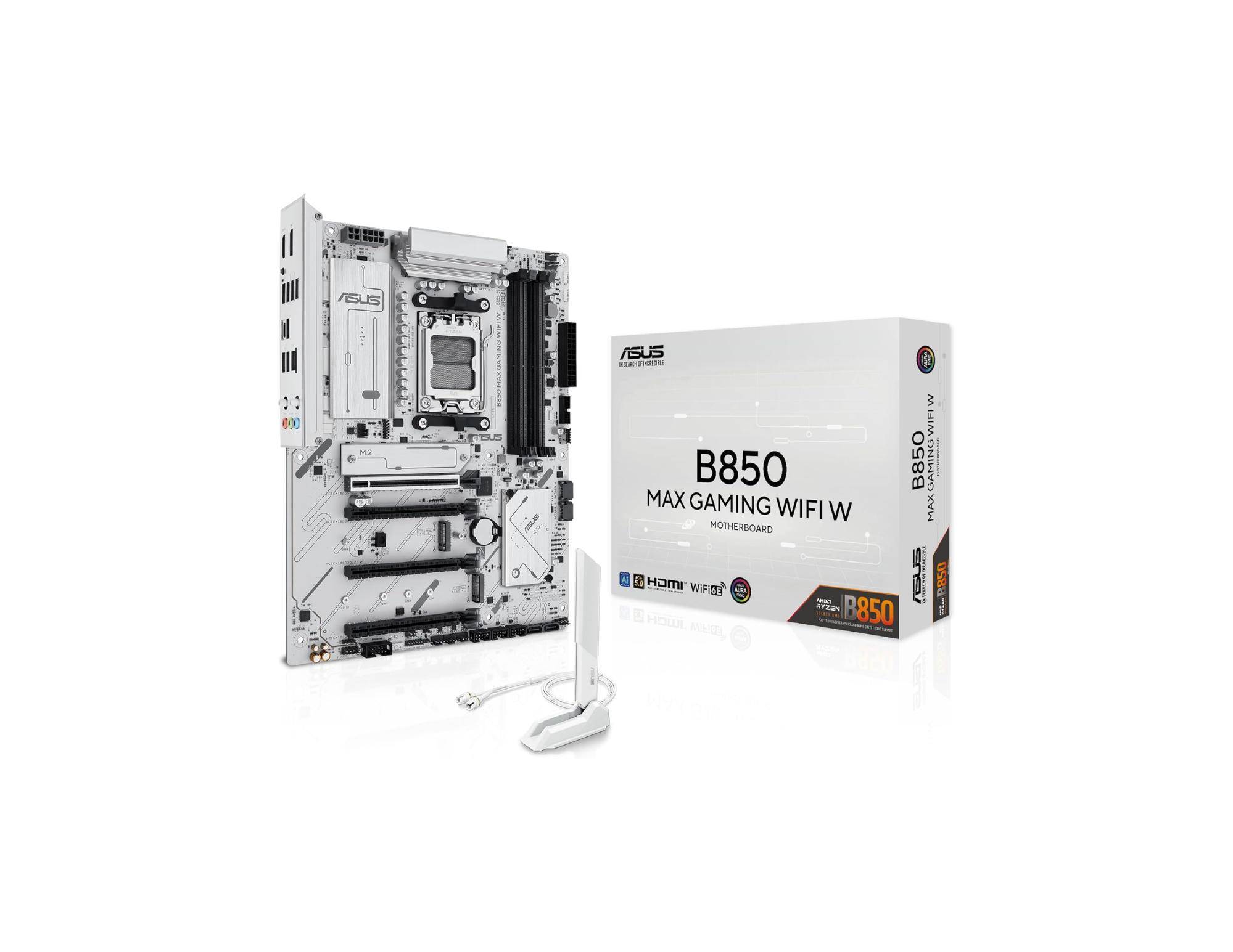 ASUS B850 MAX Gaming WiFi W, anakart AMD ATX, 8+2+1 akım fazı, DDR5 yuvası, PCIe 5.0 Ready, 3 M.2 yuvası, WiFi 6E, Ethernet 2,5 GB, USB-A, USB-C, HDMI, BIOS Flashback ve Aura Sync, beyaz