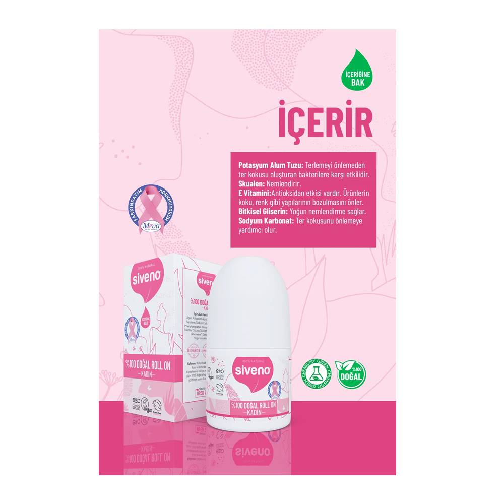 Siveno %100 Doğal Roll On Kadın Deodorant Ter Kokusu Önleyici Bitkisel Leke Bırakmayan Vegan 50 ml