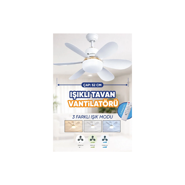 Waldern 6 Kanatlı, Işıklı Sessiz Çalışma Tavan Tip Vantilatör 52 cm